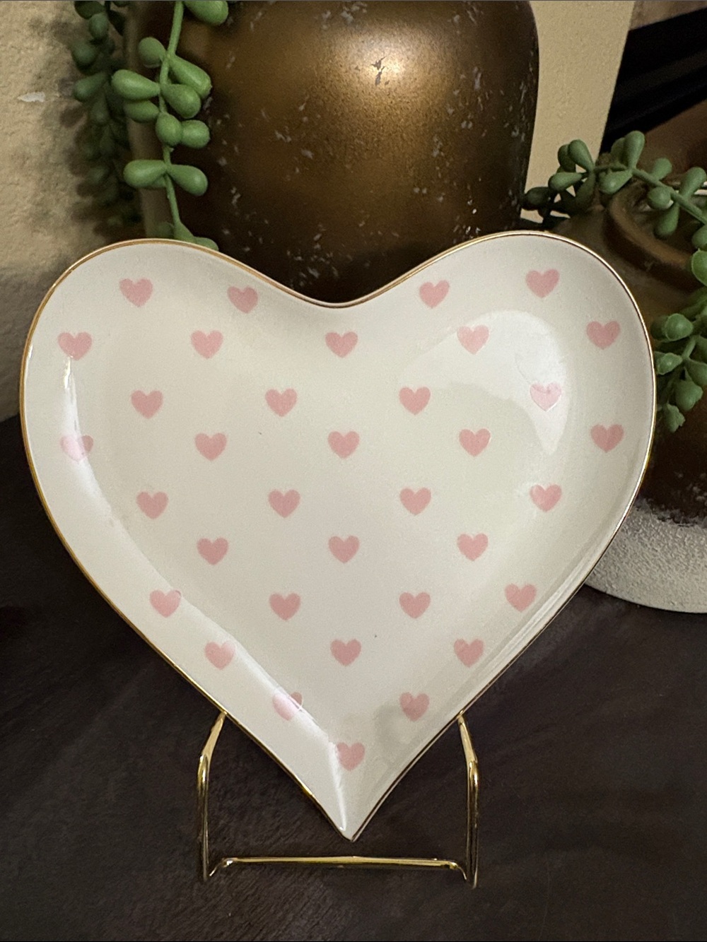 Heart-Shaped Ceramic Serving Dish in Pink Hearts with Gold Trim